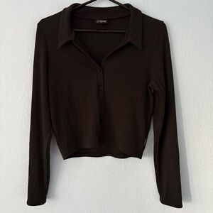 AFENDS Top Eliza Ribbed Hemp Button Front Black Long Sleeve